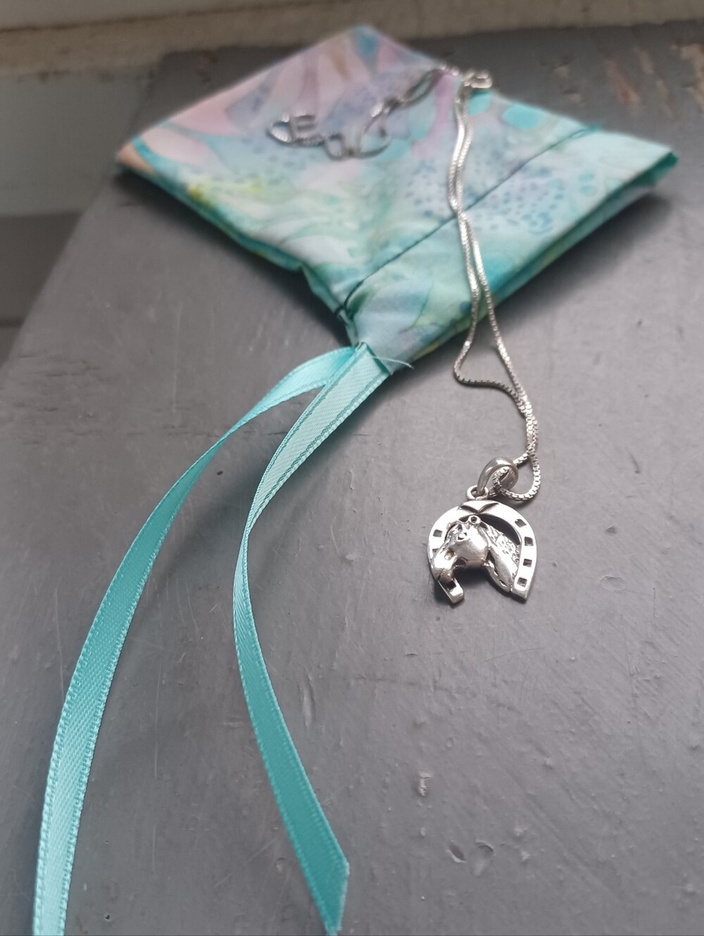 Vintage 90s 925 sterling silver 16" chain horse horseshoe pendant necklace &bag
